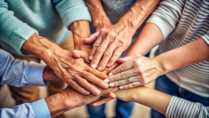 Diverse group of hands stacked together in a unity gesture. Teamwork, unity, support, diversity, collaboration, community, solidarity.