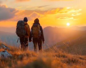 Plus size couple enjoying scenic sunset hike in the mountains romantic and outdoor adventure