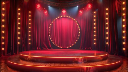 Circus stage podium with red curtains and bright lights in a festive atmosphere