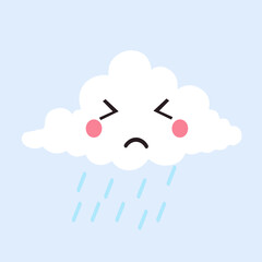Cute cloud character in the rain. Vector hand drawn illustration of sad white cloud with falling water drops. Cartoon rainy weather sign isolated on white background.