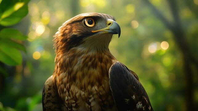 Javanese eagle or Latin name Nisaetus bartelsi is an Indonesian endemic bird in the wild nature of Java background wallpaper AI generated image