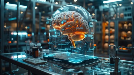A holographic brain is showcased, surrounded by scientific equipment in a dimly lit, advanced laboratory setting.