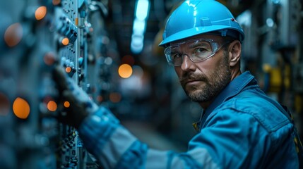 Fototapeta premium Industrial Engineer Adjusts Controls at Modern Factory, Manufacturing and Production Work