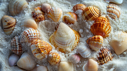 Closeup of various seashells arranged on sandy beach.