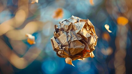 A crumpled brown paper ball hanging from a tree branch