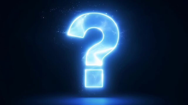 Question mark. Neon light font glowing on dark blue background