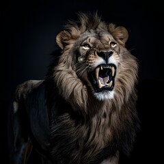 Obraz premium Majestic lion roaring, dramatic lighting, dark background, detailed fur, sharp teeth, intense expression, wildlife photography, photo