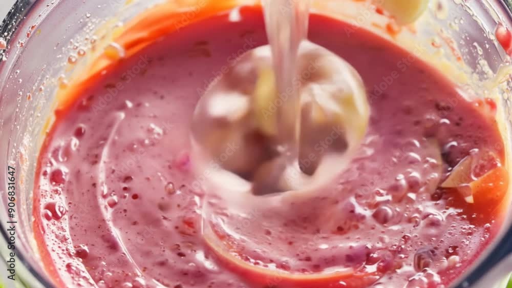 Poster a glass of blended fruit juice with a strawberry and apple slice on top. the juice is a deep red col
