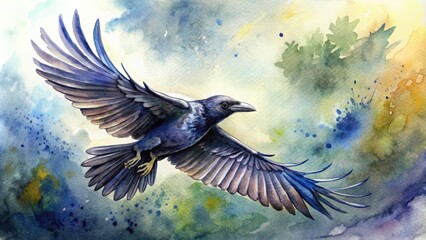 Fototapeta premium Handdrawn watercolor of a flying crow in nature, watercolor, handdrawn, flying, crow, bird, animal, wildlife, aquarell, painting