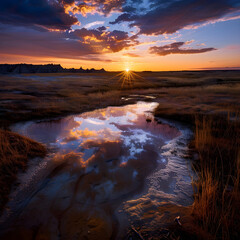 Fototapeta premium Golden hour landscape featuring the reflection of a beautiful sunset with dramatic clouds in a puddle at badlands national park in south dakota