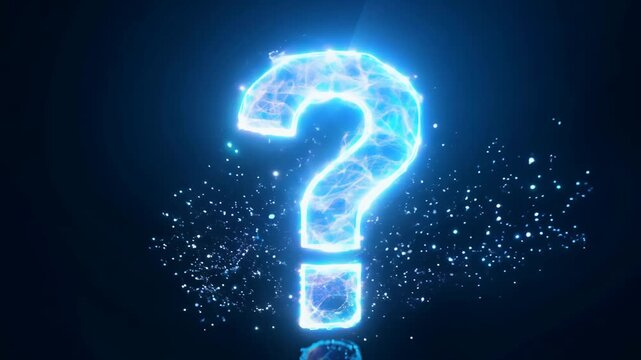 Question mark. Neon light font glowing on dark blue background