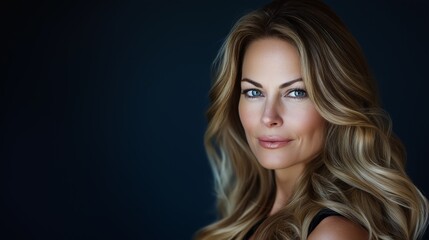 Fototapeta premium A captivating woman with long wavy blonde hair gazes confidently, showcasing her striking features against a dark backdrop.