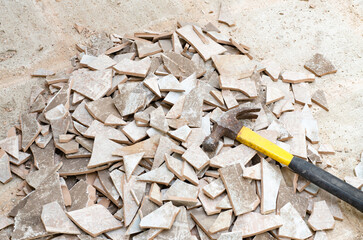 A heap of Shattered ceramic tiles  Renovation Construction Waste.