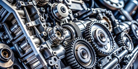Obraz premium Close up of an intricate engine mechanism, engine, motor, vehicle, close-up, machinery, industrial, metal, mechanical
