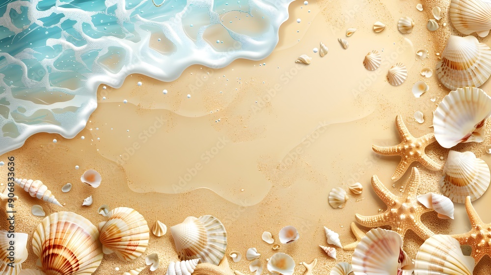 Wall mural Tropical Beach Frame with Seashells and Waves on Beige Sandy Background