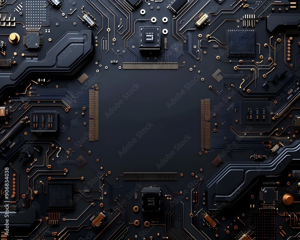 Poster modern tech frame with circuit board designs on a sleek black background