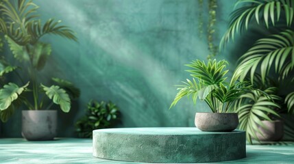 Green podium display with potted plants in a serene indoor setting
