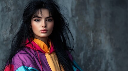 A young woman with long black hair poses confidently while wearing a vibrant and colorful outfit.