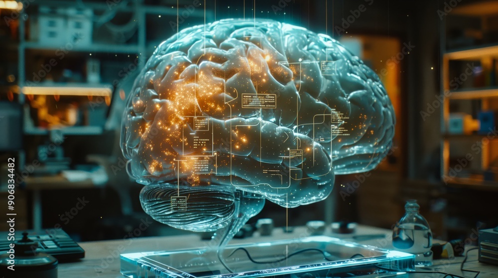 Poster a holographic brain model illuminates the room with digital data while researchers observe its intri