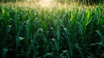 Lush green corn field at dawn with gentle sunlight glowing between the stalks