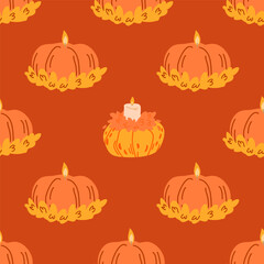 Pumpkins with candles seamless pattern. Colorful pumpkins on a white background.