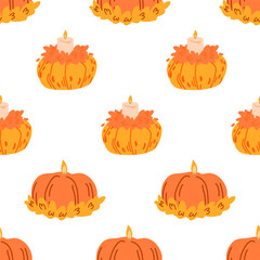 Pumpkins with candles seamless pattern. Colorful pumpkins on a white background.