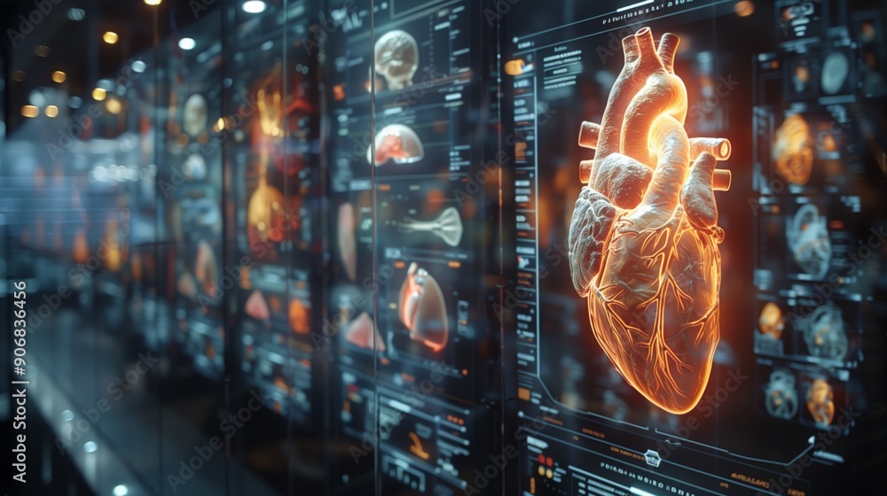 Poster a truck is parked in front of advanced holographic projectors showcasing illuminated heart graphics 