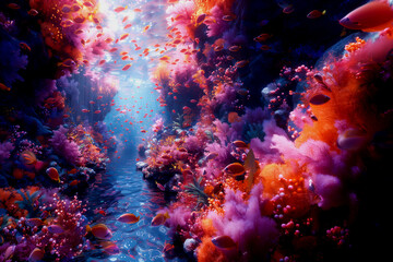 Fototapeta premium Underwater river. Life in a coral reef. The rich colours of tropical fish. Animals of the underwater marine world. Ecosystem. Horizontal. Background