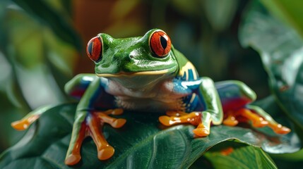 Close up of red eyed tree frog resting on lush green leaves in tropical habitat