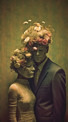 creepy portrait of a mourning couple in old shabby masks covered with flowers, retro vintage grainy concept, mournful and sad moment
