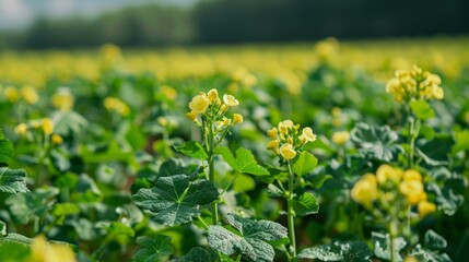 Obraz premium Fresh rapeseed pods and flowers in bloom at a vibrant field during late spring
