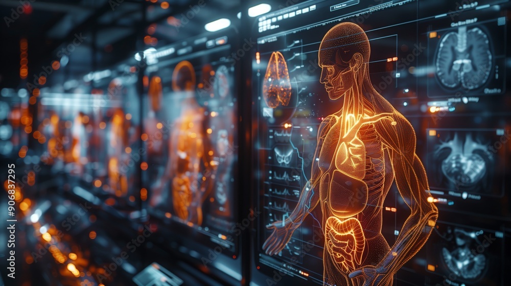 Poster holographic projectors illustrate intricate human anatomy in a high-tech environment, showcasing var