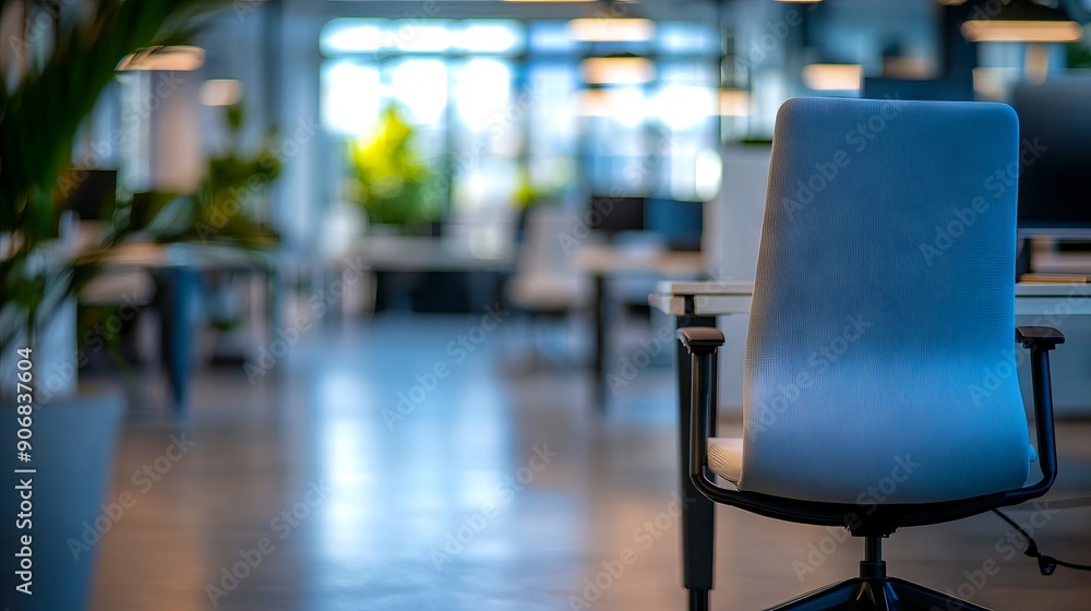 Poster A blue office chair sitting in an empty office space