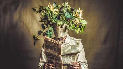 old man sitting and reading a newspaper with his face wrapped into a newspaper, flowers growing from his head, conceptual grainy vintage retro photo