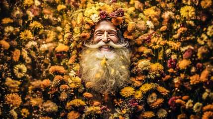 happy elderly man surrounded by flowers, happy enlightened face, hippie, retro vintage surrealism