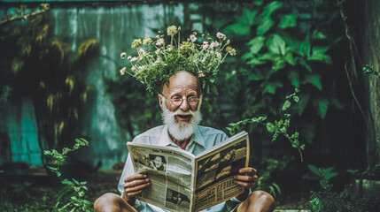 happy elderly man reading newspaper and growing flowers from his head, surrounded by plants, happy enlightened face, hippie, retro vintage surrealism