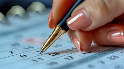Close up of a woman's hand writing on a calendar