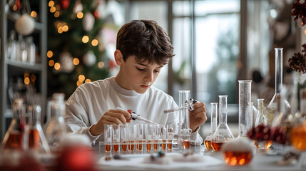 A teen boy doing a science experiment for a school holiday
