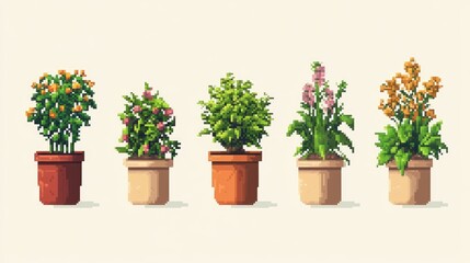 Fototapeta premium Set of pixel art potted plants, showcasing various styles and colors in retro 8-bit design