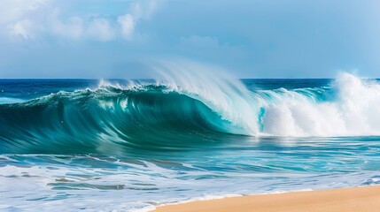 A large wave breaking on a sandy beach in the ocean