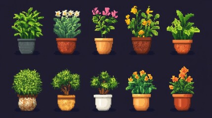 Set of pixel art potted plants, showcasing various styles and colors in retro 8-bit design