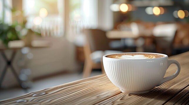 Close up of white cup on cafe table in bright morning light