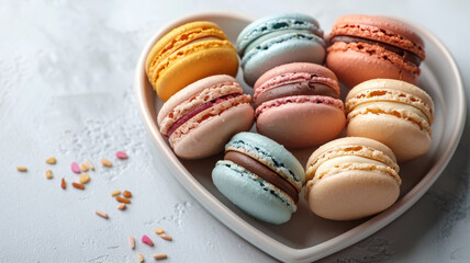 Assorted macarons on a heart-shaped plate