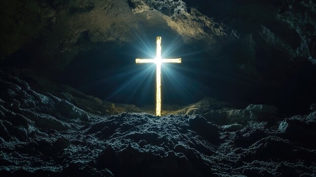 Shining cross of light in a dark environment, symbolizing faith and spirituality.