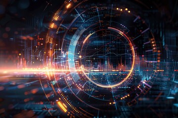 Obraz premium A circular frame containing a data visualization line graph, distorted with a glitch effect for a futuristic tech aesthetic.