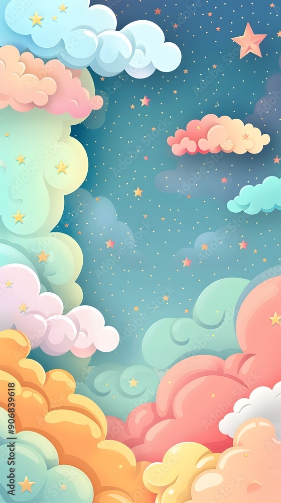 Poster whimsical frame with pastel clouds and stars against a serene sky backdrop for versatile design and 