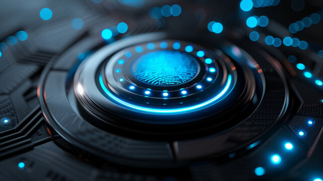 Glowing biometric fingerprint scanner in futuristic interface - Powered by Adobe