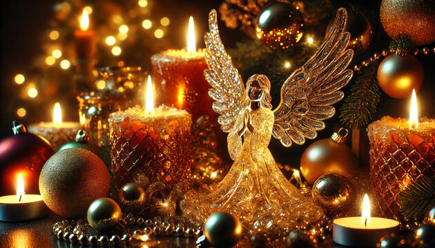 Weihnachtliches Stillleben: Glasengel und Kerzen im goldenen Weihnachtsglanz