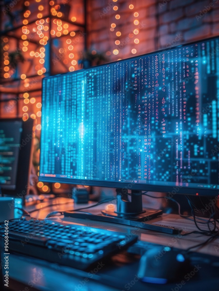 Aufkleber blue binary code flowing vertically on a sleek computer monitor, neon glow, focused shot, dimly lit 