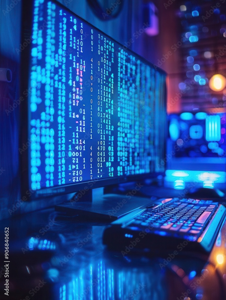 Poster blue binary code flowing vertically on a sleek computer monitor, neon glow, focused shot, dimly lit 